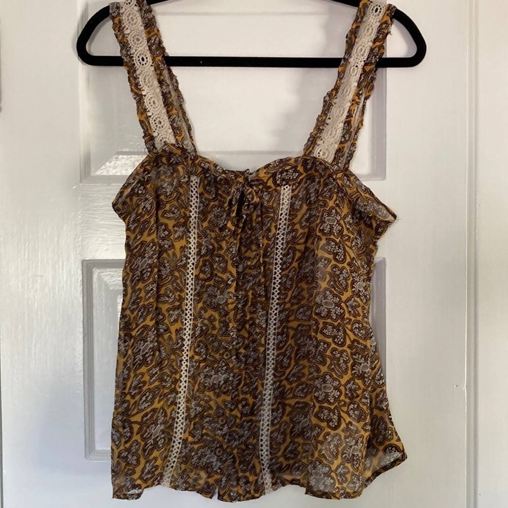 Anthropologie Mustard Brown Floral Lace-Trim Tank Top